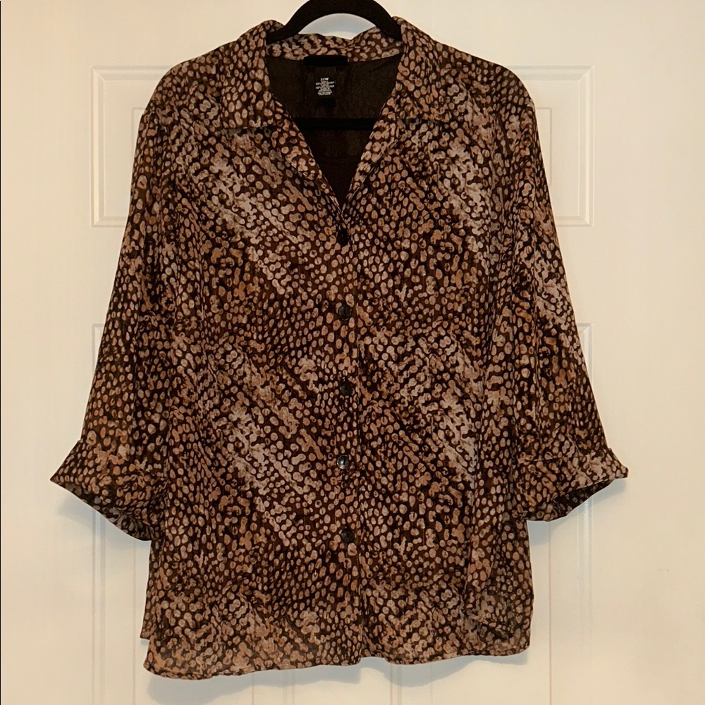 Maggie Barnes Animal Print Women's Top 22W Brown Button Up Career